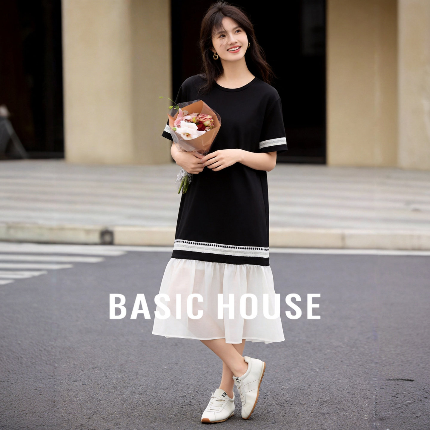 Basic House/百家好撞色条纹拼接连衣裙女2026春夏新款季短袖长裙
