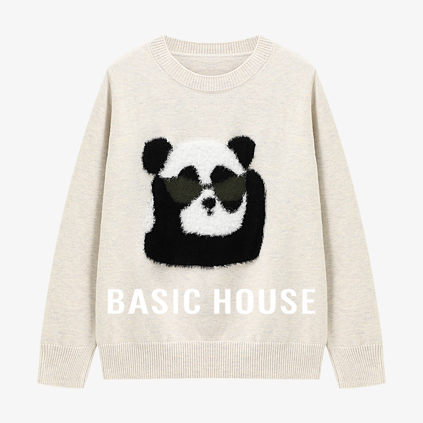 熊猫提花圆领宽松毛衣