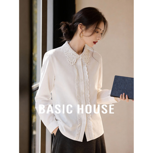 通勤衬衣显瘦超好看上衣 新款 百家白色翻领蕾丝拼接衬衫 女2026春季