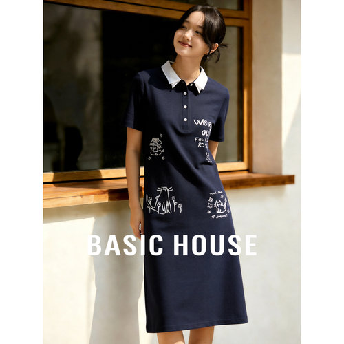 Basic House/百家好莱赛尔卡通刺绣连衣裙夏季polo领撞色中长裙女