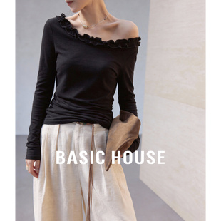 百家好黑色花边领长袖T恤女春季2026新款内搭设计感宽松显瘦上衣