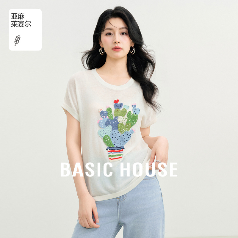Basic House/百家好天丝短袖立体针织t恤女夏秋新款显瘦短款上衣