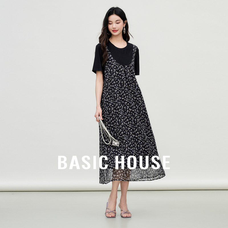 Basic House/百家好假两件碎花短袖连衣裙夏季新款圆领中长款裙子