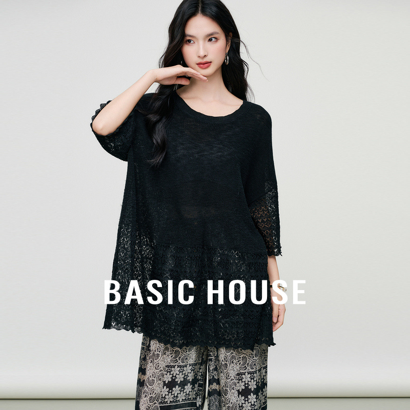 Basic House/百家好2025夏季蕾丝拼接镂空针织衫女圆领慵懒风上衣