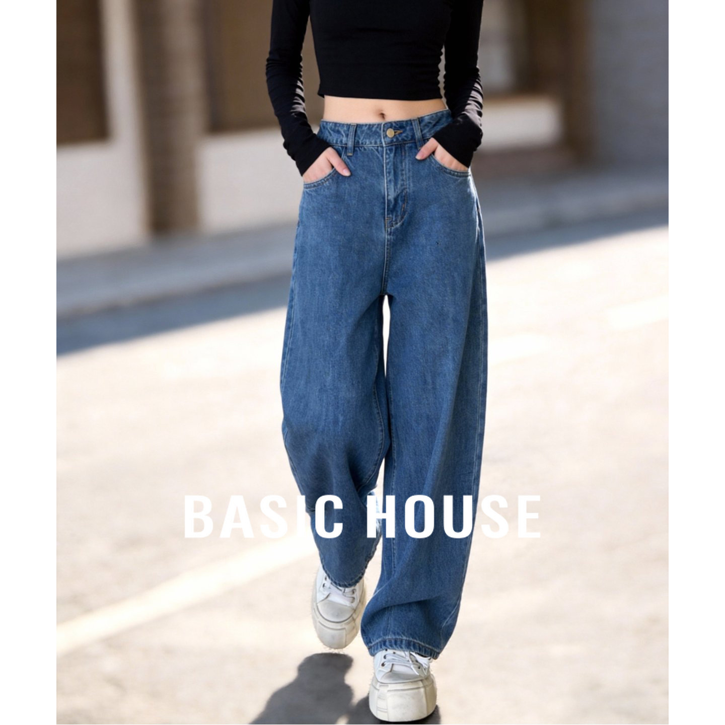 Basic House/百家好高腰蓝色直筒阔腿裤女春季垂坠感拖地牛仔裤