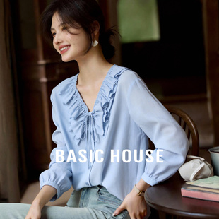 蓝色v领衬衫 百家好法式 长袖 系带荷叶边小衫 Basic 垂感春季 House