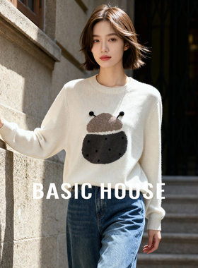 Basic House/百家好灰色卡通提花宽松毛衣冬季绵羊毛圆领正肩上衣