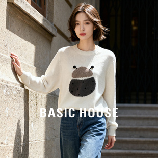 Basic House/百家好灰色卡通提花宽松毛衣冬季绵羊毛圆领正肩上衣
