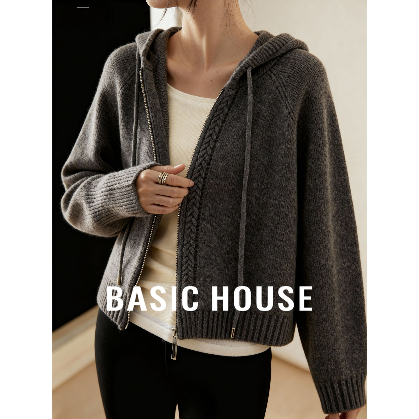 Basic House/百家好连帽双拉链毛衣秋冬洋气纯色宽松插肩开衫外套