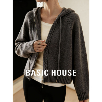 Basic House/百家好连帽双拉链毛衣冬季洋气纯色宽松插肩开衫外套