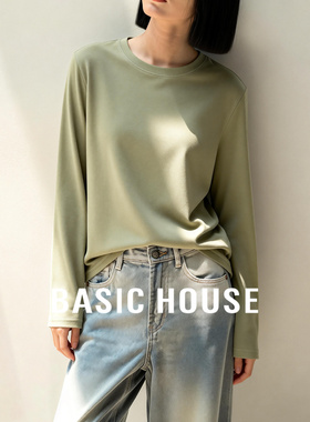 百家好极简圆领女柔肤肌理宽松上衣通勤内搭宽松休闲风长袖T恤