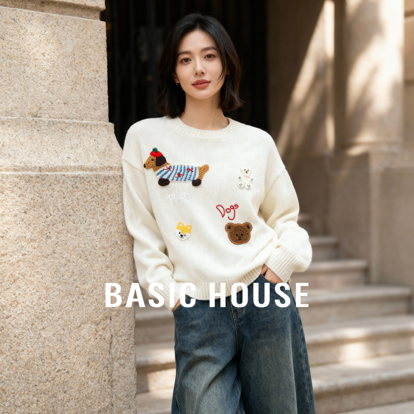Basic House/百家好绵羊毛腊肠小狗提花毛衣今年新款圆领套头上衣