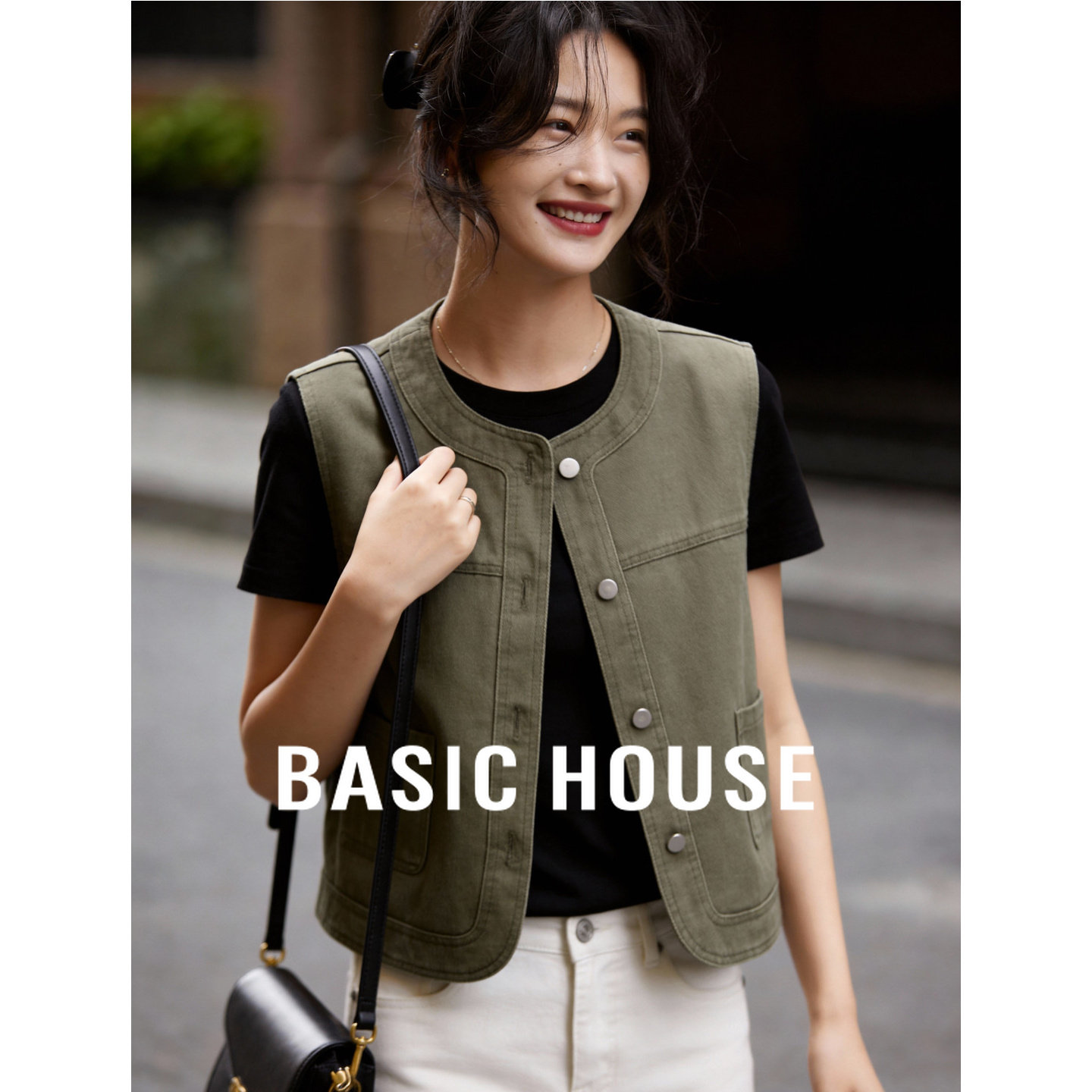 百家好工装风牛仔短款圆领大口袋设计春季复古风显瘦百搭背心马甲