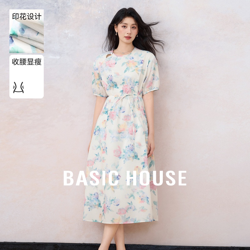 Basic House/百家好田园风碎花裙中长款系带温柔连衣裙夏季新2025