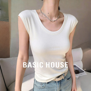 Basic 百家好简约U领短袖 T恤女莱赛尔白色修身 显瘦百搭上衣 House