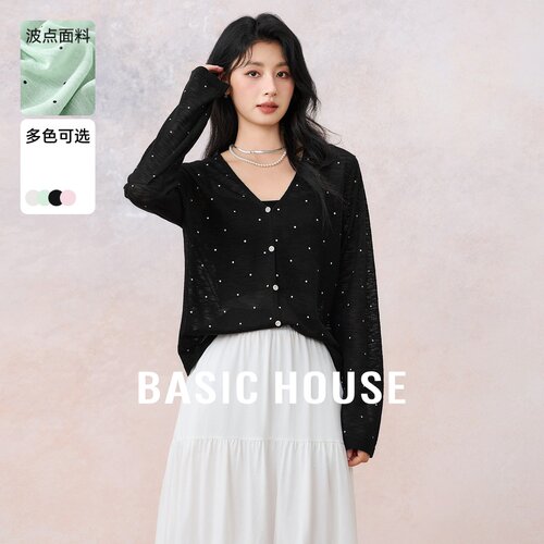 Basic House/百家好复古波点针织开衫女2026春季新款长袖外搭上衣