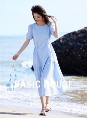 Basic House/百家好蓝色圆领短袖连衣裙女宽松抽褶设计感棉质长裙