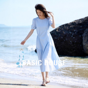 连衣裙女宽松抽褶设计感棉质长裙 百家好蓝色圆领短袖 Basic House