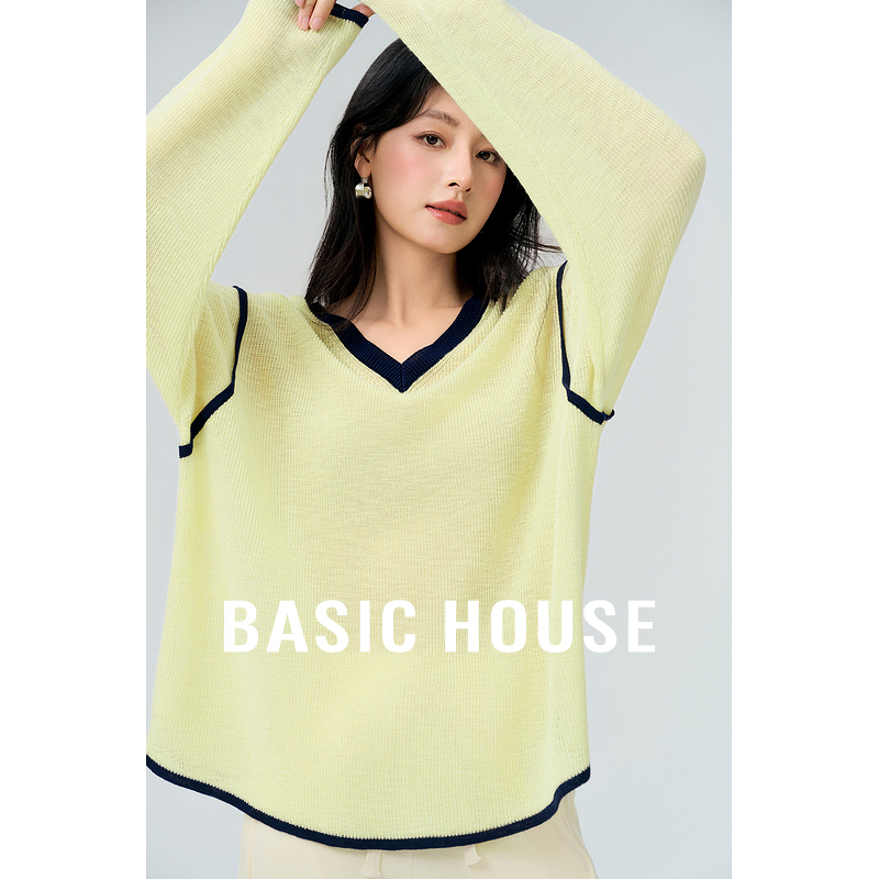 Basic House/百家好秋季撞色针织衫慵懒风宽松长袖上衣2025新款女