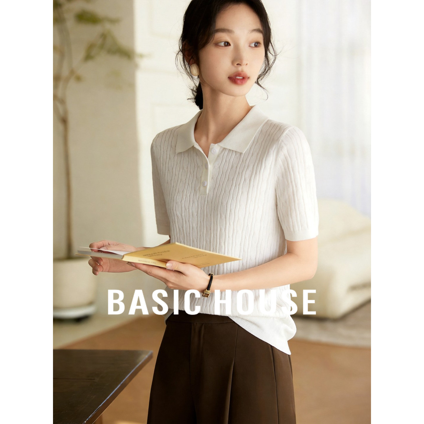 Basic House/百家好翻领短袖针织衫新款含羊毛polo领麻花纯色毛衫