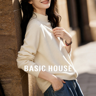 Basic House/百家好白色打底羊毛衫女冬季新款保暖内搭针织衫毛衣
