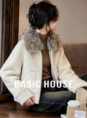 Basic House/百家好黑色毛领拉链加厚外套女冬季保暖气质短款上衣