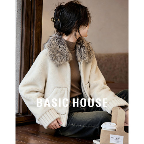 Basic House/百家好黑色毛领拉链加厚外套女冬季保暖气质短款上衣