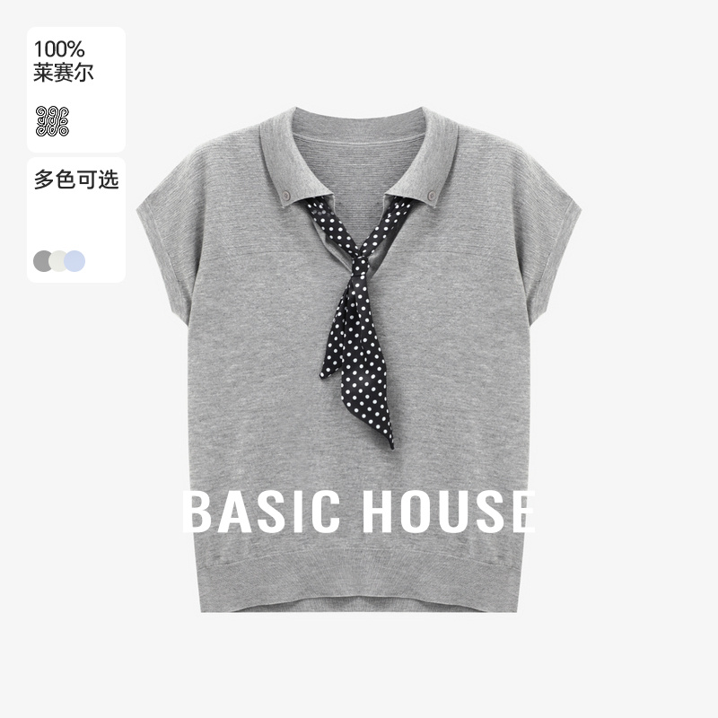 Basic House/百家好波点飘带POLO领短袖夏季新款时尚通勤针织衫女
