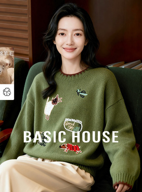 Basic House/百家好绵羊毛套头毛衣女秋冬季刺绣慵懒风针织衫上衣
