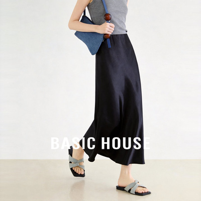 Basic House/百家好高级感黑色缎面半身裙女春季新款气质垂感长裙