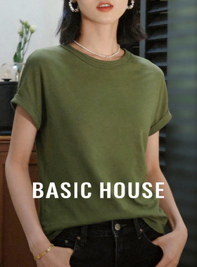 Basic House/百家好绿色经典宽松显瘦春季新款休闲莱赛尔短袖T恤