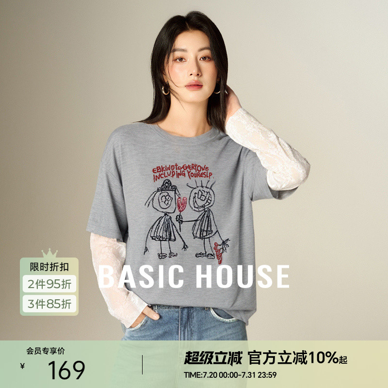 Basic House/百家好假两件拼接蕾丝针织衫小众设计感长袖上衣春季