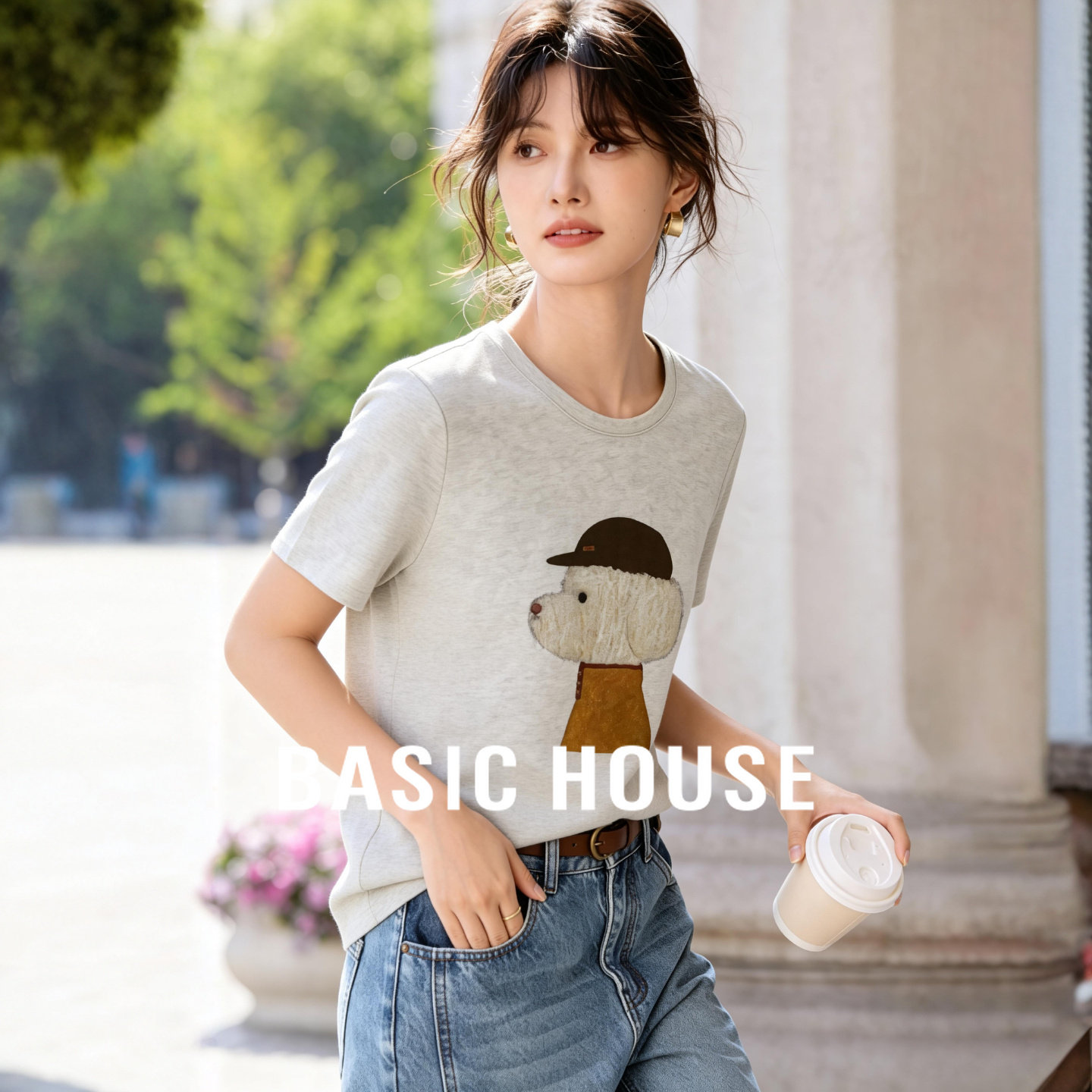 Basic House/百家好小狗短袖T恤女26夏季新款轻薄圆领撞色针织衫