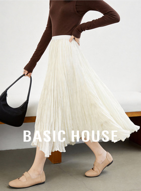 百家好米白褶皱仙系氛围感长裙春季新款柔纱垂坠感高腰A字半身裙