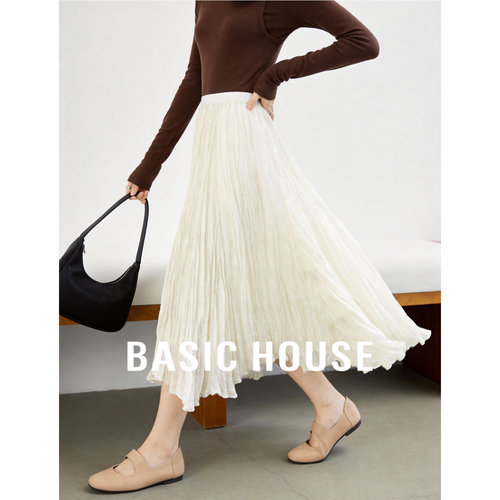 百家好米白褶皱仙系氛围感长裙春季新款柔纱垂坠感高腰A字半身裙