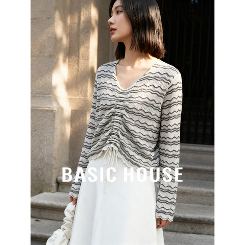 Basic House/百家好波浪纹襟抽绳设计秋冬新款百搭优雅长袖针织衫