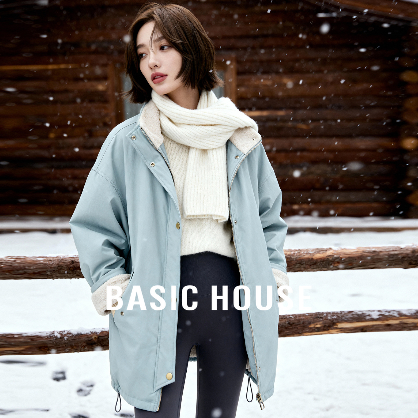Basic House/百家好拼接羊羔毛派克服女中长款宽松工装风棉服外套