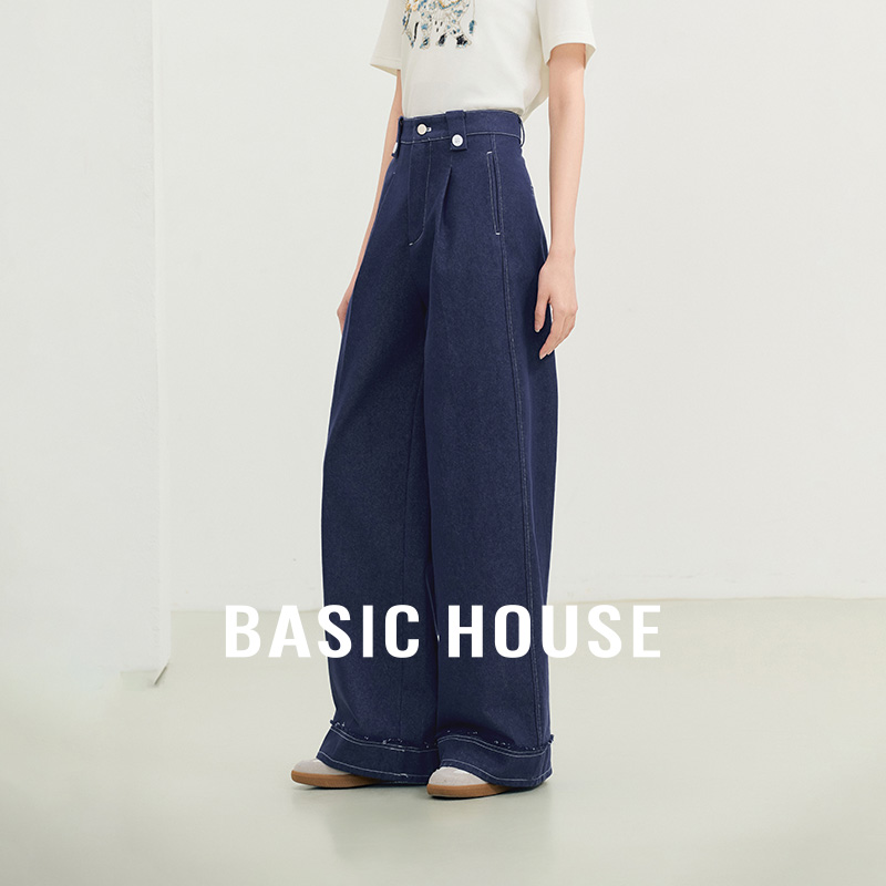 Basic House/百家好蓝色阔腿牛仔裤秋季高腰宽松垂感直筒长裤子女