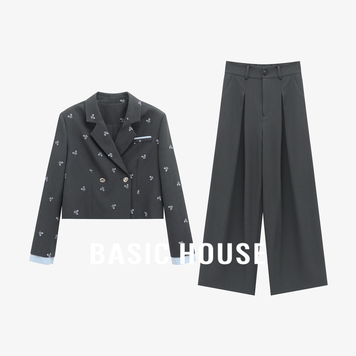 Basic House/百家好气质通勤刺绣短款西装外套阔腿裤女时尚套装