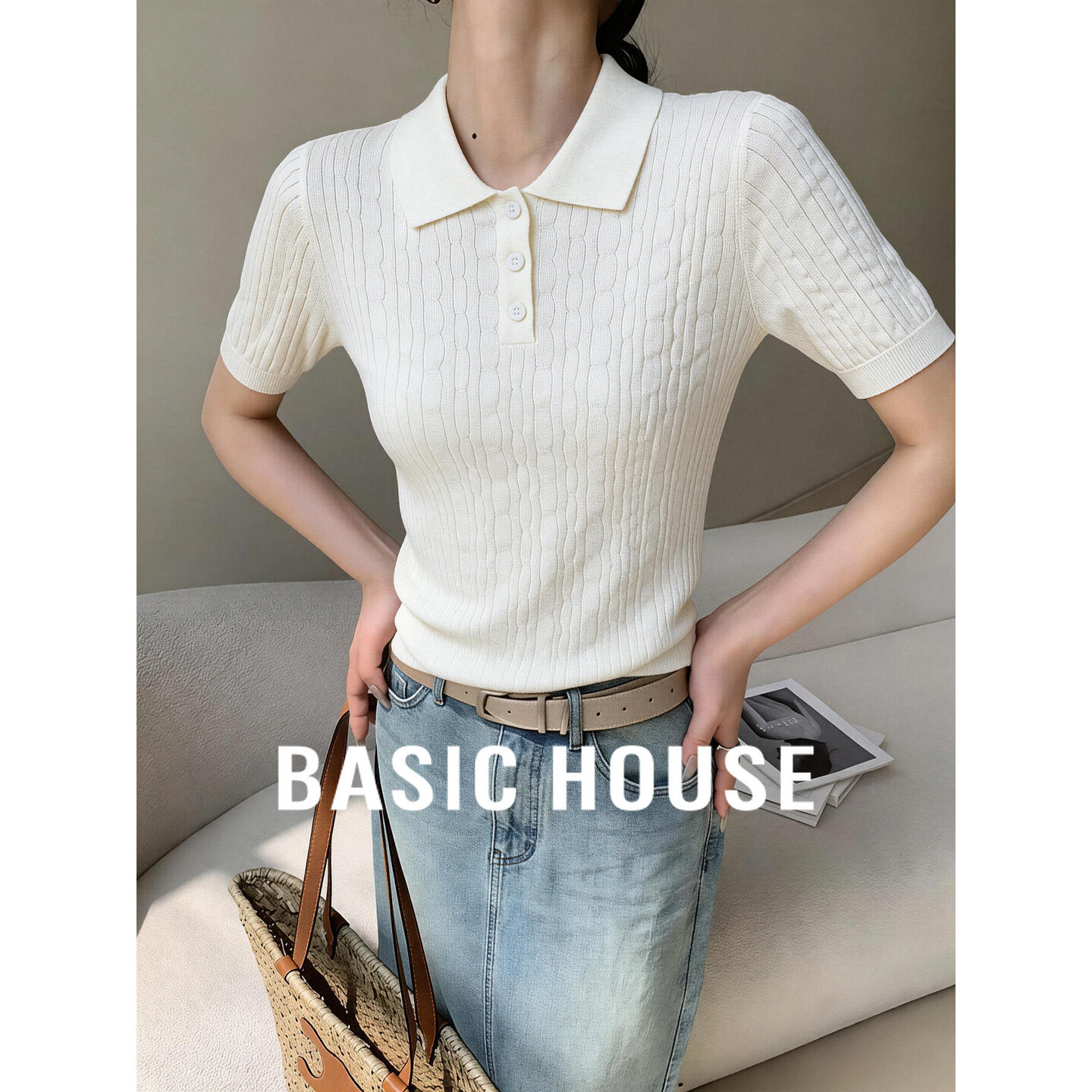 Basic House/百家好白色翻领短袖针织衫26春季新款polo领麻花毛衫