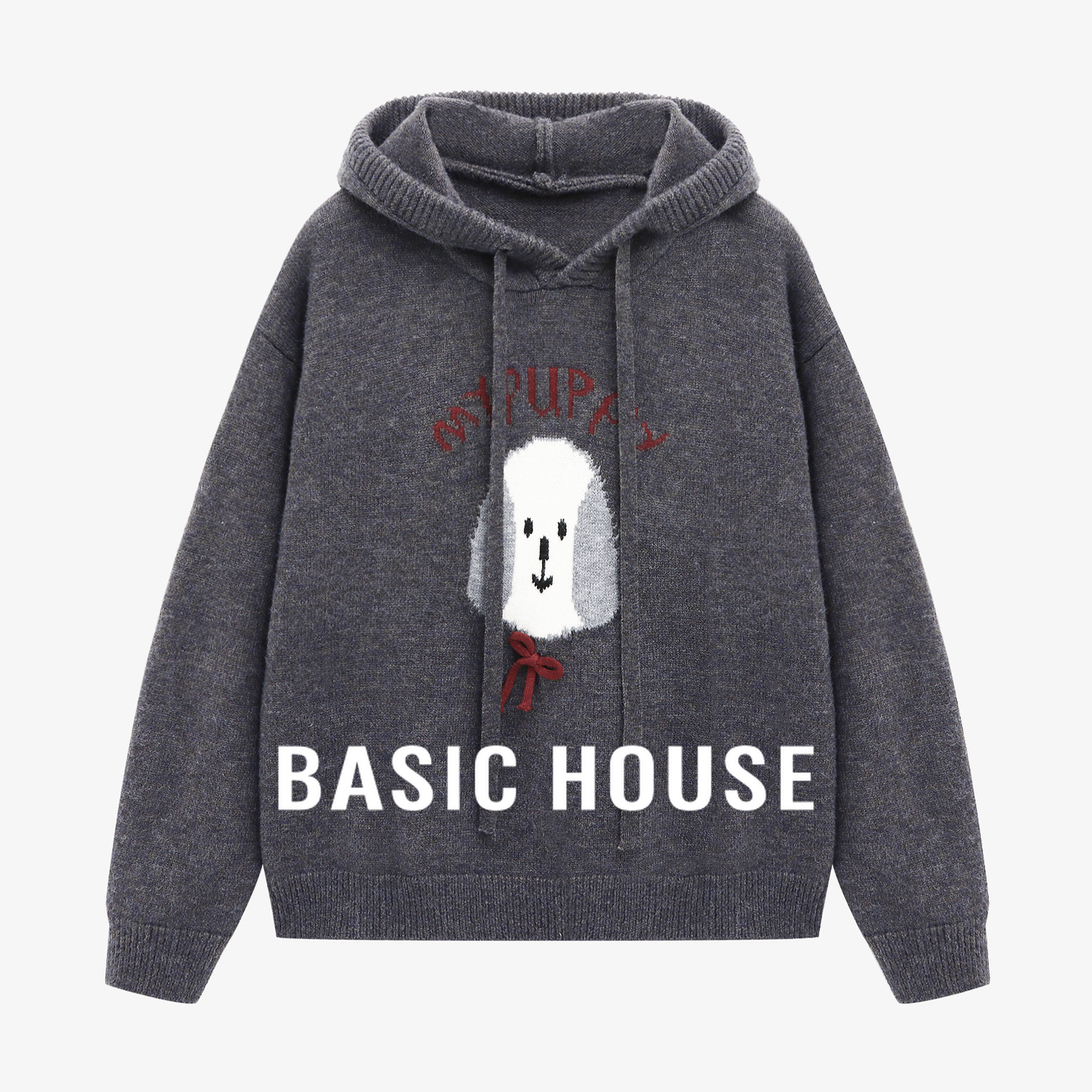Basic House/百家好小狗图案连帽毛衣女2025秋冬宽松休闲保暖上衣