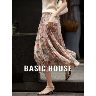 复古印花裙子女法式 百家好高腰中长款 碎花百褶半身裙 House Basic