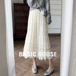 新款 百家好杏色百褶网纱半身裙女春季 优雅风蛋糕纱裙 House Basic