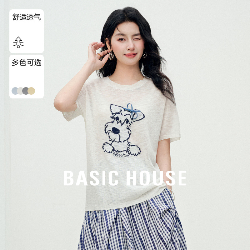 Basic House/百家好小狗提花针织短袖女夏季趣味减龄圆领显瘦上衣