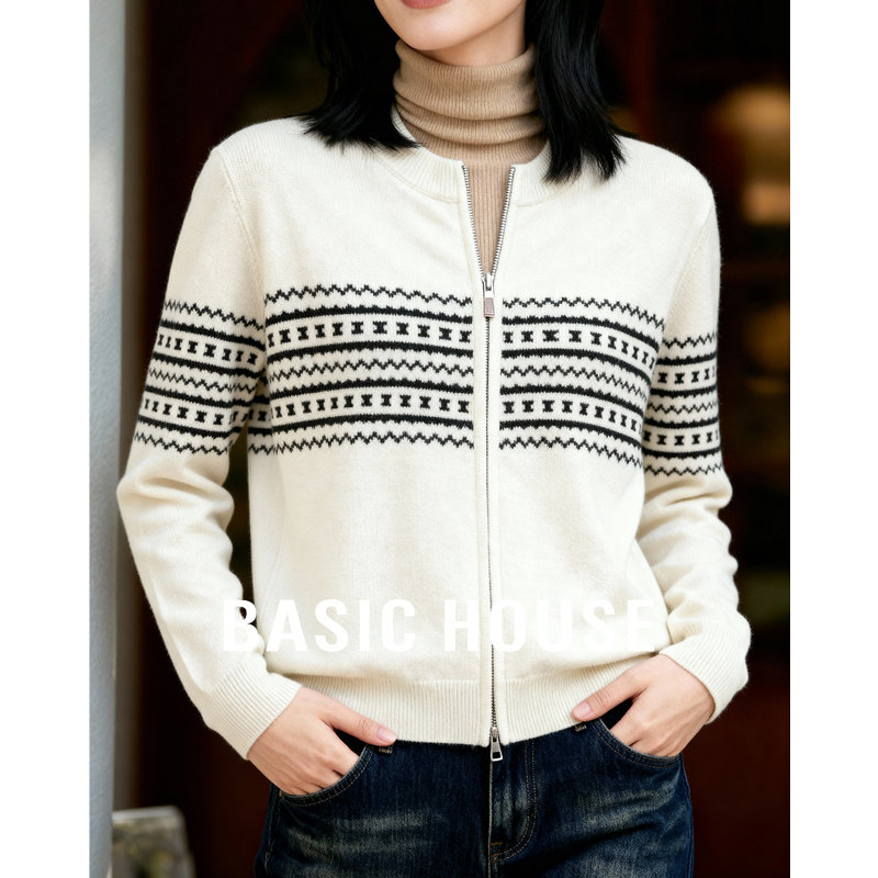 Basic House/百家好圆领拼色提花毛衣女秋冬双拉链设计感开衫外套