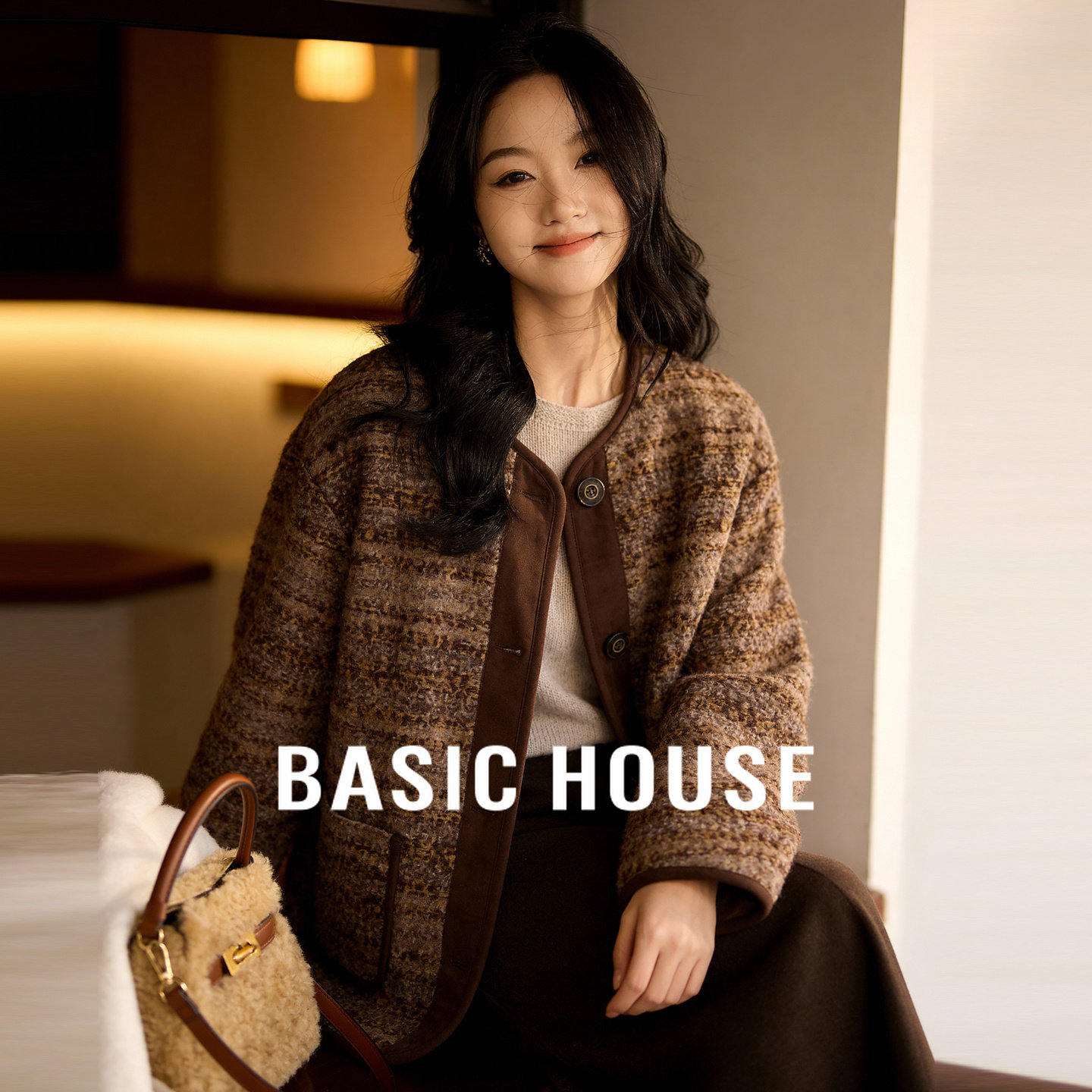 Basic House/百家好粗花呢小香风短款棉服女款冬季小个子保暖外套