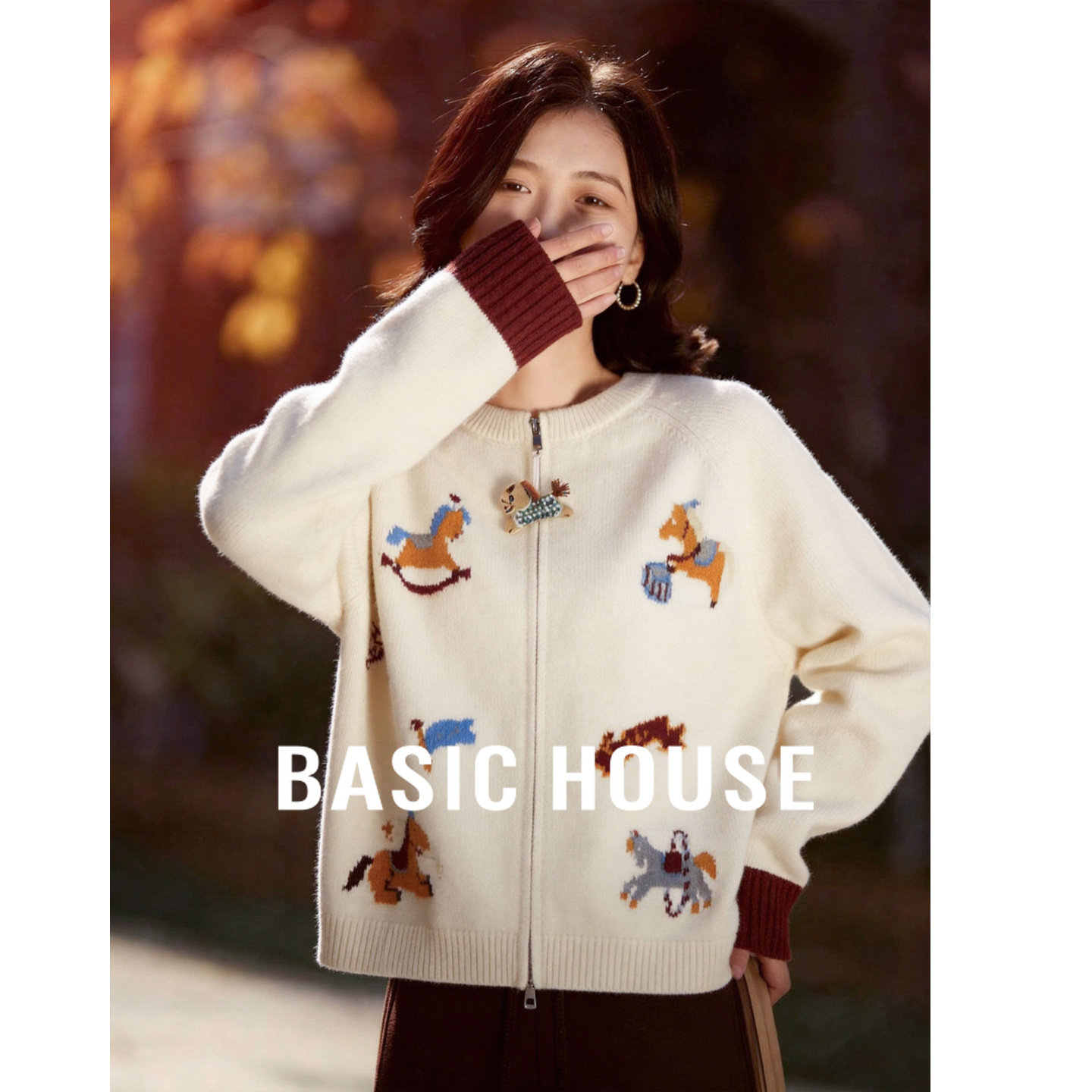 百家好米白色木马刺绣针织开衫女春装新款复古慵懒风显瘦外搭毛衣,女装/女士精品,毛衣,淘宝优惠券,粉丝福利购,淘宝优惠卷