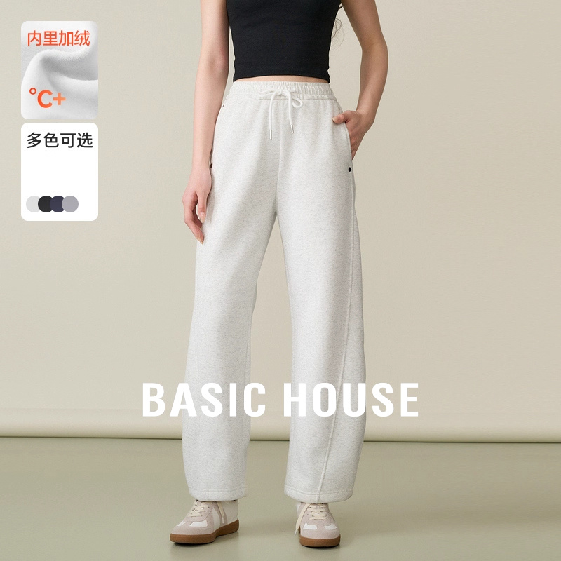 Basic House/百家好松紧腰加绒抽绳休闲裤冬季新款纯色运动阔腿裤