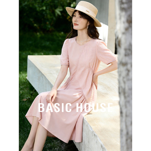 圆领短袖 百家好夏新款 中长裙子不规则拼接格子连衣裙 House Basic