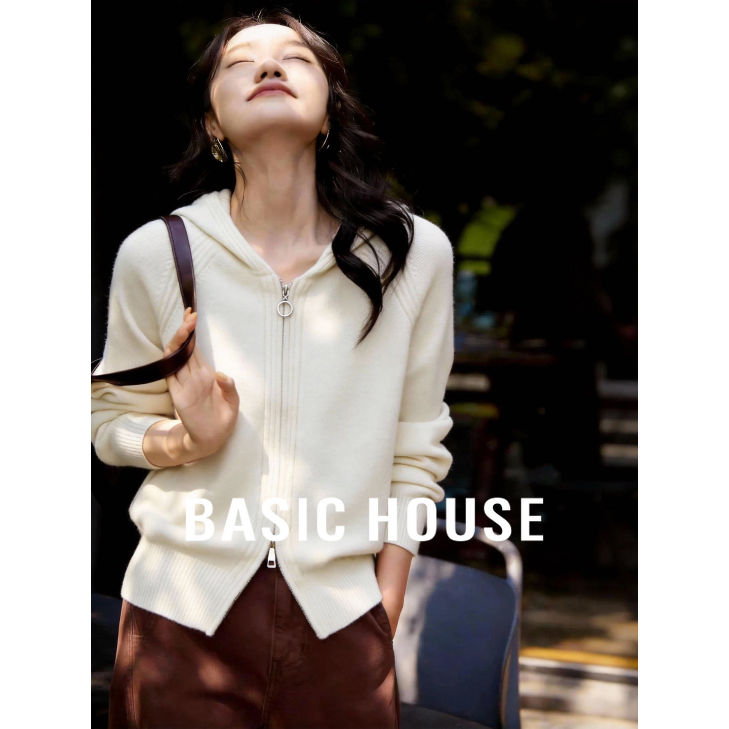 百家好白色羊毛针织帽衫外套26春季新款女士连帽上衣拉链开衫毛衣